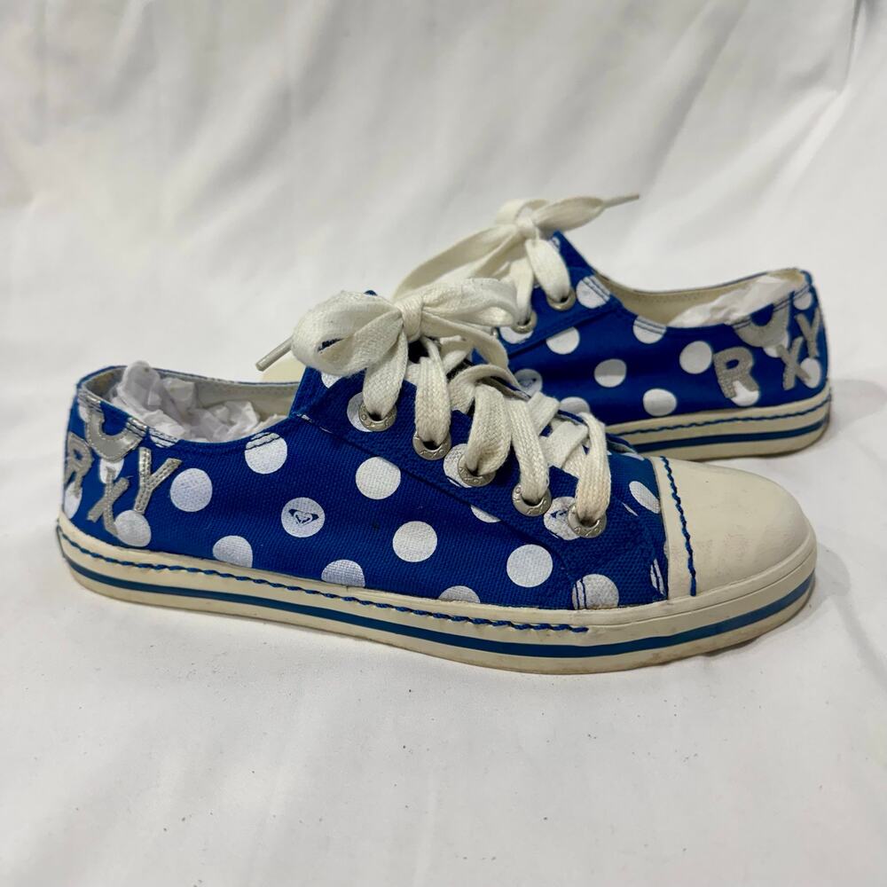 Vintage Y2K Roxy Blue Polka Dot Canvas Sneakers Silver Logo Size 6.5